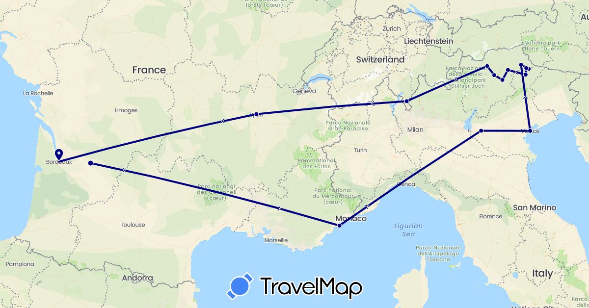 TravelMap itinerary: driving in Switzerland, France, Italy (Europe)